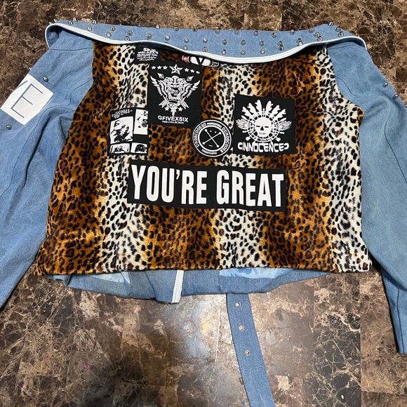 For Her NYC Belted Off-shoulder Studded Denim/Leopard Print Jacket Size 2X - Picture 8 of 15